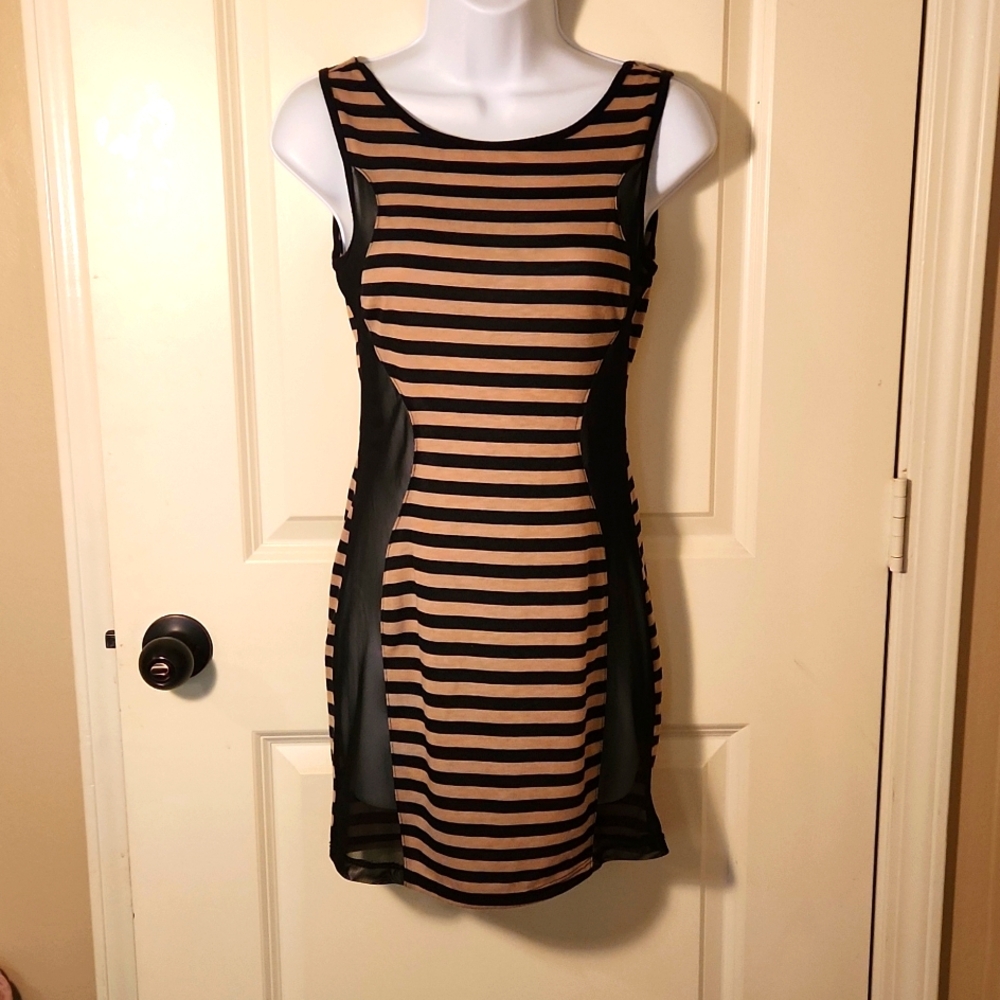 S. Style black tan striped mini dress NWT size M